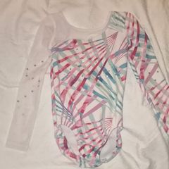 Girls' Long-Sleeved Gym Leotard with Rhinestones - White Print