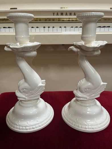 Vintage Leeds Creamware Dolphin / Fish Candlesticks