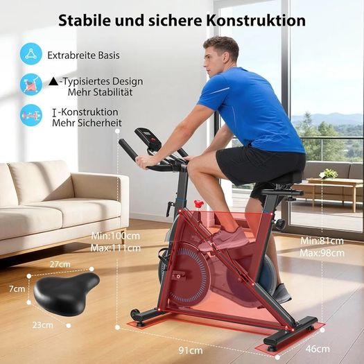 Exercise Bike with Adjustable Resistance, Quiet Home Trainer Bicycle with App, Ergometer Indoor Spinning Bike for Cardio Training at Home, Fitness Bike up to 160 kg