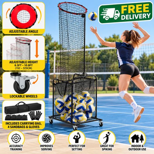 Adjustable Volleyball Training Net with Ball Collection Cart Portable Setter, Serving & Spiking Practice Equipment