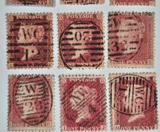 A rare lot of 10 penny red stamps, Star Issues 1854 to 1864 with high quality Central cancellations, Bullseye, sotn set.
