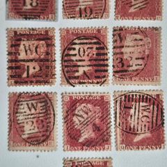 A rare lot of 10 penny red stamps, Star Issues 1854 to 1864 with high quality Central cancellations, Bullseye, sotn set.