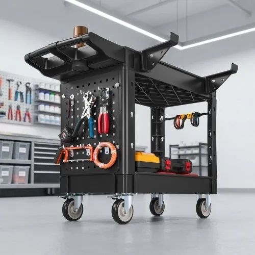 Utility Cart, 250 kg Capacity, 2 Tier Service Cart with 360 Swivel & Fixed Wheels (2 with Brakes), Heavy Duty Plastic Rolling with Tray and Pegboard, Tool Storage for Garage Warehouse Workshop
