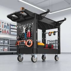 Utility Cart, 250 kg Capacity, 2 Tier Service Cart with 360 Swivel & Fixed Wheels (2 with Brakes), Heavy Duty Plastic Rolling with Tray and Pegboard, Tool Storage for Garage Warehouse Workshop