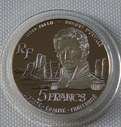 France 5 Francs 1992, Dumont d Urville Antarctic Explorer Albatross Silver Proof