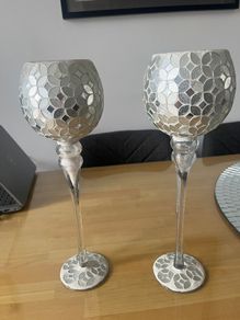 Pair of decorative glass mosaic goblet candle holders