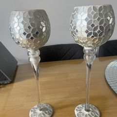 Pair of decorative glass mosaic goblet candle holders