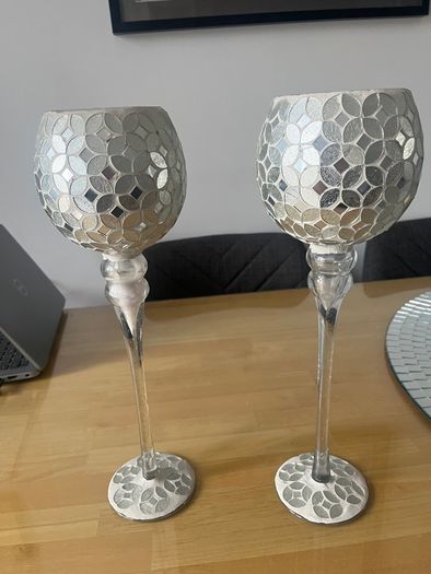 Pair of decorative glass mosaic goblet candle holders