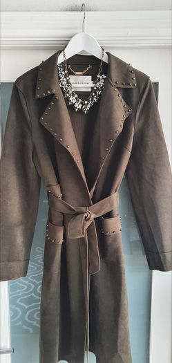 MADISON khaki midi length coat with stud detail open front with tie Sz L (12-16 UK) - Rrp 289 (New)