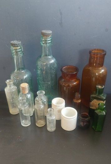 Fabulous Collection of Four Assorted Antique and Vintage Apothecary and Household Bottles in Clear Glass, Price for All Four, Not Splitting