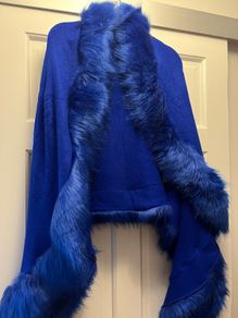 Royal Blue Knit Wrap With Fur Trim