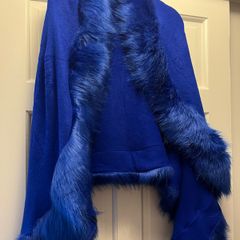 Royal Blue Knit Wrap With Fur Trim
