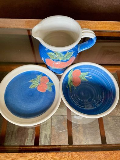 Vintage R and J Forrester Bandon Pottery Ireland Jug Sugar Bowl Plate Cobalt Blue Fruits Design