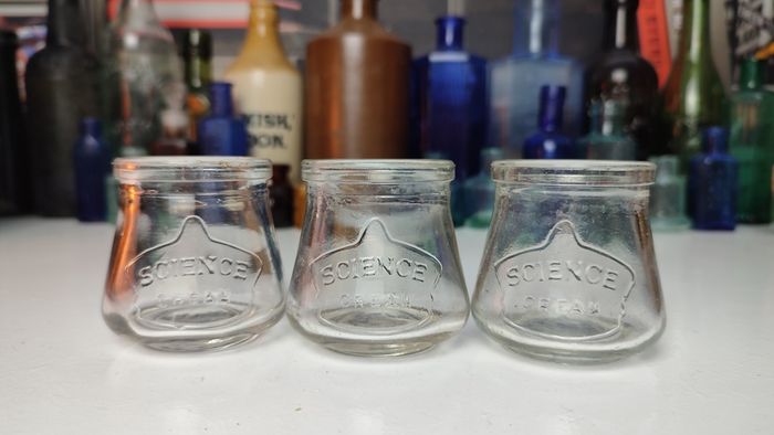 236 - Set of 3 1950s Vintage Clear Glass Embossed Letters Science Medicine Pills Chemicals Collectible Decorative Jars