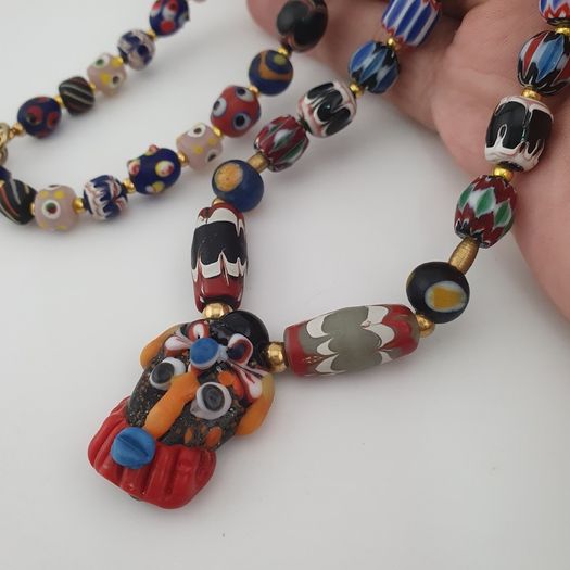 Antique Venetian Style Mix Glass & Old Face Glass Pendant Necklace