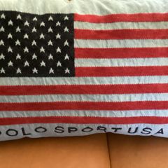 Vintage Polo Sport Ralph Lauren Flag Pillow Cover 25x15 Oversized Lumbar Woven Jacquard Intarsia Americana Throw Pillow 1990s