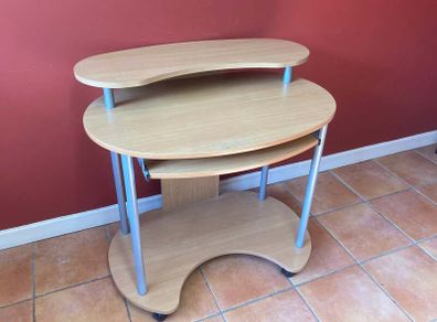 Mobile 3 Tier Computer Desk w/ Pull Out Tray & Wheels