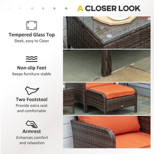 5 Pieces PE Rattan Garden Furniture Set - With 10cm Thick Padded Cushions, Wicker Weave Outdoor Seating Chairs Including 2 Armchairs, 2 Stools, and Glass Top Table, Brown