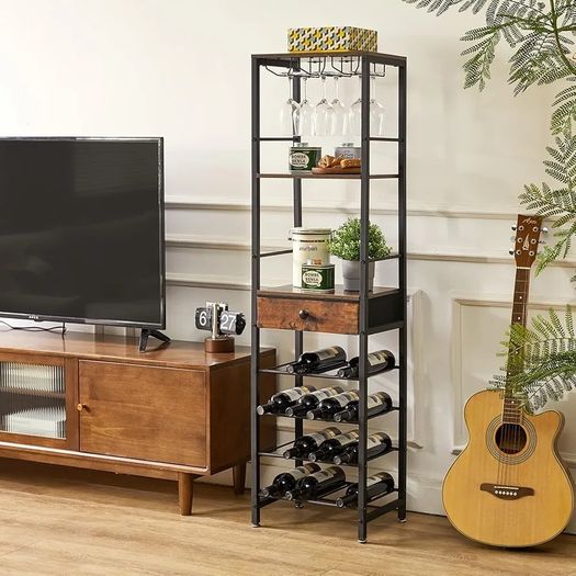 Wine Rack Freestanding Floor, Bar Cabinet,Coffee Bar Cabinet 4-Tier Wood bar Cabinet,Glass Holder and Storage Drawer for Home Bar Kitchen Living Room,Brown