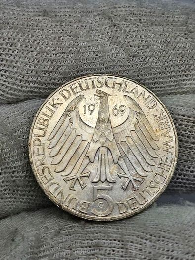 1969 G Germany 5 Mark Theodor Fontane Silver Coin
