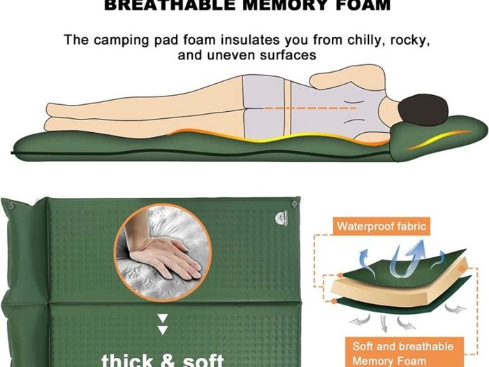 Double Self-Inflating Camping Mat - 2 Man Lightweight Sleeping Mat, Inflatable Camping Mat for 2 Person, Two Man Thick Sleeping Pad with Pillow for Hiking, Backpacking, Car Camp (FREE POSTAGE)