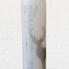 Winter christmas decorative white candle with grey deer reindeer Xmas table home decor Xmas eve gift advent scandinavian style tree wood star