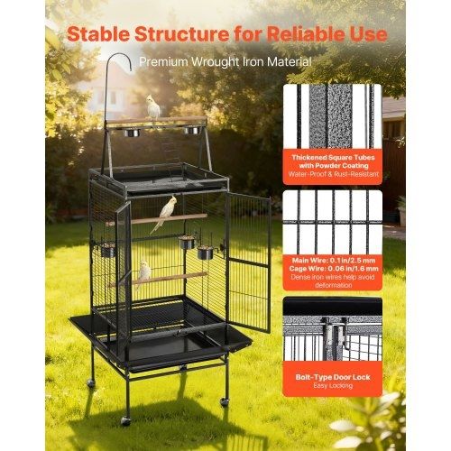 Bird Cage, 830 x 790 x 2100 mm, Open Flat Top, Wrought Iron Bird Flight Cage with Perches, Slide-Out Tray, Plastic Feeders, for Cockatiel, Monk Parakeet, Amazon Parrot, African Grey Parrot