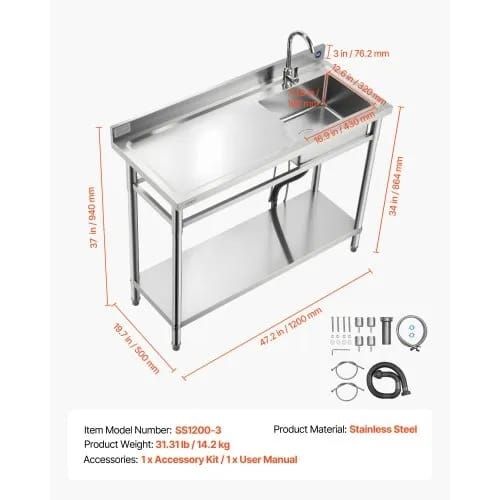 Stainless Steel Utility Sink, Free Standing Single Bowl Commercial Kitchen Sink with Faucet, Utility Left Basin Workbench with Hot & Cold Water Pipe for Garage Restaurant Laundry, 1200x500x940mm