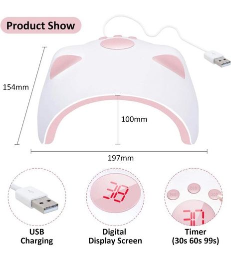 60W LED UV Nail Lamp for Gel Nail Polish with 3 Timers (30/60/99s) Auto-Sensing Digital Display, Fast Nail Dryer Curing Lamp for Nail Art, UV Lamp for Nails with USB Power Cable (Plug not included)