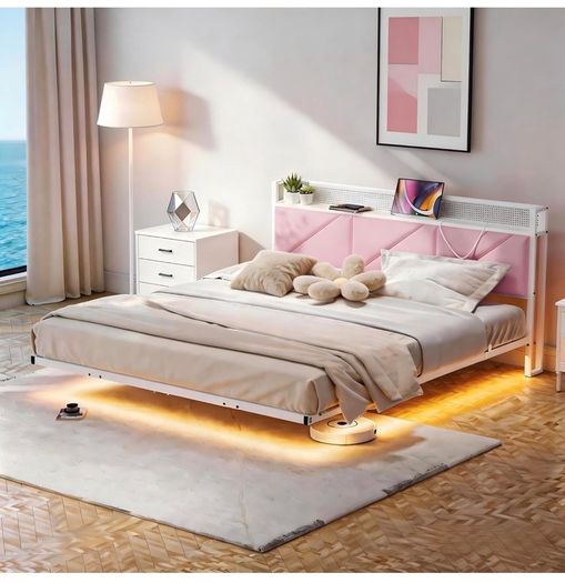 King Size Bed Frame 150x200cm, Floating Upholstered Platform Bed with LED Lights & USB Charging, 5ft Heavy Duty Metal Bed Frame with Headboard Storage, Noise-Free, No Box Spring Needed, Pink