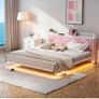 King Size Bed Frame 150x200cm, Floating Upholstered Platform Bed with LED Lights & USB Charging, 5ft Heavy Duty Metal Bed Frame with Headboard Storage, Noise-Free, No Box Spring Needed, Pink Image 7