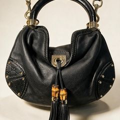 Authentic Gucci Small Indy Babouska Hobo Black Leather, Bamboo Tassels, Archive 2000