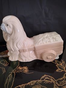 Vintage Pekinkese Dog and Flower Cart Figurine by Porceval.