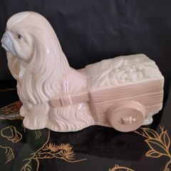 Vintage Pekinkese Dog and Flower Cart Figurine by Porceval.