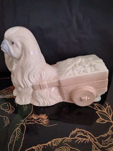 Vintage Pekinkese Dog and Flower Cart Figurine by Porceval.