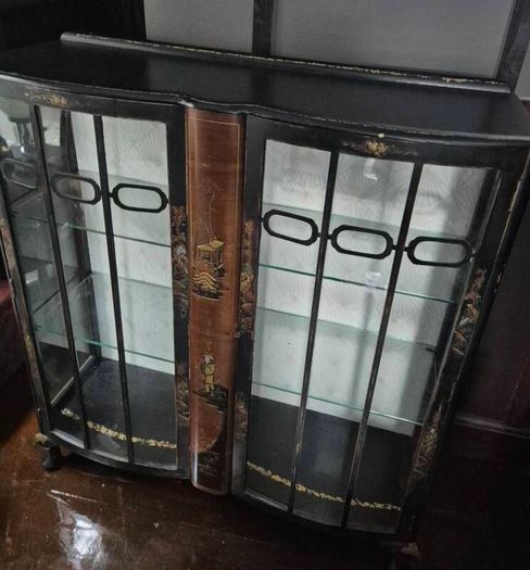 Vintage  Turnige Chinoiserie locking ebonised handpainted cabinet 3 tiers