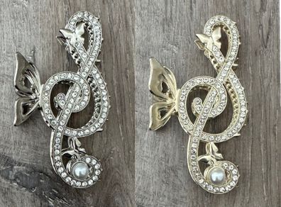 Silver Studded Music Treble Clef Long Butterfly Claw Clips