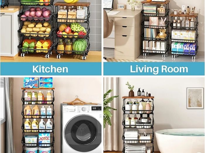5 Tier Vegetable Fruit Basket for Kitchen, Stackable Metal Fruit and Vegetable Storage Baskets with Rolling Wheels Cart, Pantry organisers and storage for Kitchen Bathroom Livingroom Laundry room Cart