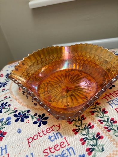 A bundle of vintage - retro pieces, Carnival Glass , Anchor Hocking Fire King, Large Ribbed Glass Butter Dish, Citrus Juicer, Three Footed Glass Sugar Bowl and Jug