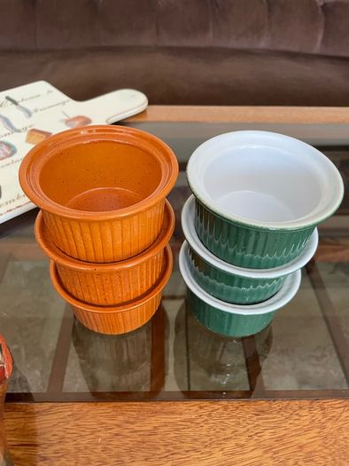 Vintage Mixed Set Emile Henry Ramekins Brown and Green Ribbed Oven to Tableware Set of 6 1980s 2000s