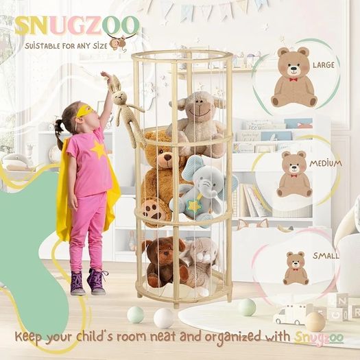 Stuffed Animal Zoo Holder with with Elastic Band, Space Save Plush Organizer for Nursery Room, Kids Room, Playroom & living Room (Round)