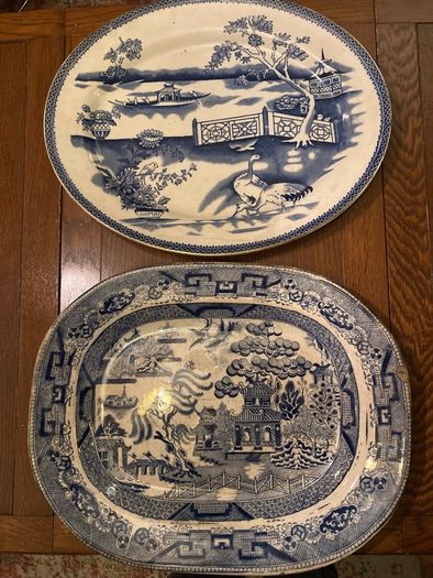 2 Antique blue and white platters