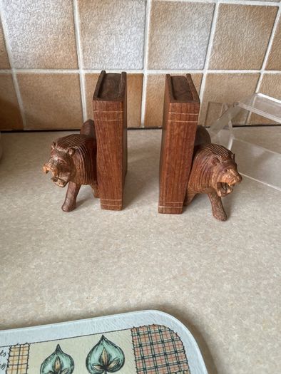 Handcarved Wooden Roaring Lions Bookends