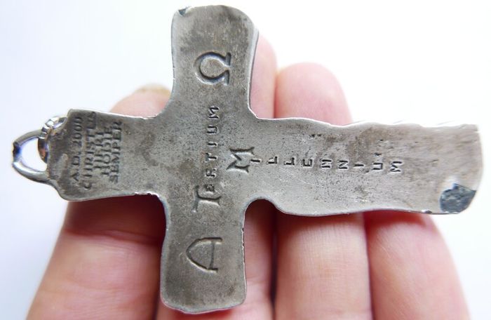 Vintage Holy Trinity Crucifix in silvered brass 14 x 9 cm