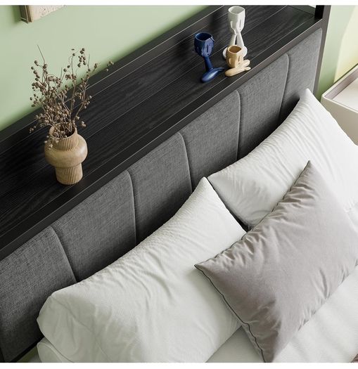 Double Bed Frames with Wooden Storage Headboard,Heavy Duty Metal Upholstered Platform Bed Frame