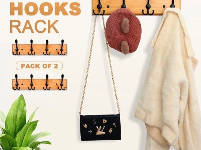 Coat Hooks for Wall - Bamboo Wooden Coat Racks (2 Pack) - Heavy Duty Coat Hooks Wall Mounted - Wall Hanger Wall Hooks and Clothes Hooks (FREE POSTAGE)