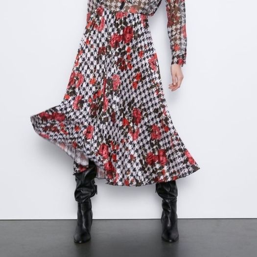 Zara Multicoloured Houndstooth & Floral Print Pleated Flowing Midi Skirt  Xs