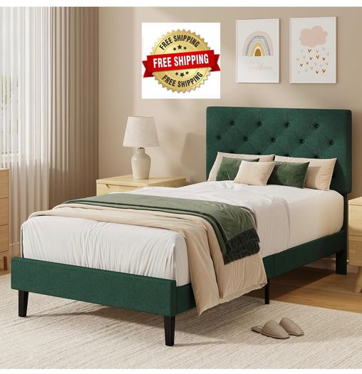Single Bed Frame with Headboard, 90 X 190, Green Upholstered Bed Frame, Adjustable, Heavy Duty, Easy Assembly, No Box Spring Needed