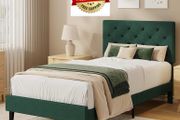 Single Bed Frame with Headboard, 90 X 190, Green Upholstered Bed Frame, Adjustable, Heavy Duty, Easy Assembly, No Box Spring Needed