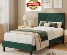 Single Bed Frame with Headboard, 90 X 190, Green Upholstered Bed Frame, Adjustable, Heavy Duty, Easy Assembly, No Box Spring Needed